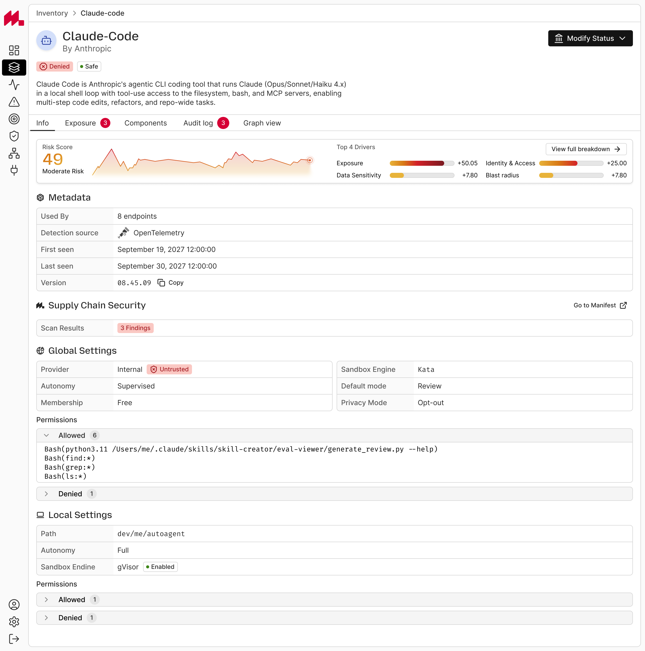 Agent detail and monitoring view
