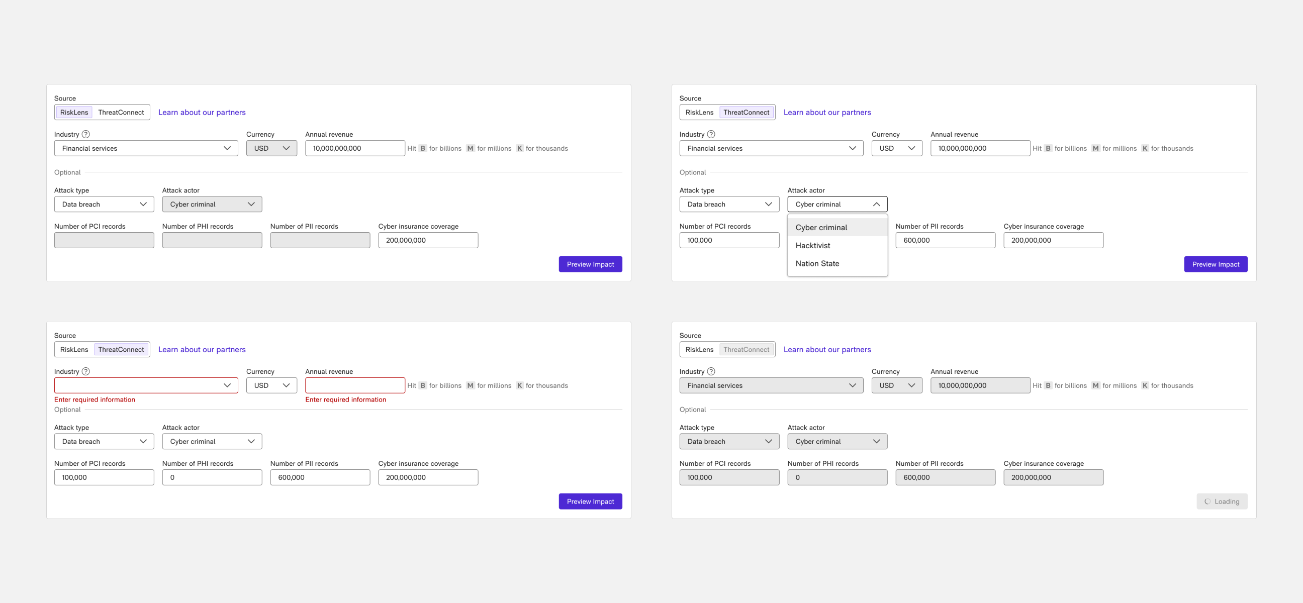 Onboarding states showing components